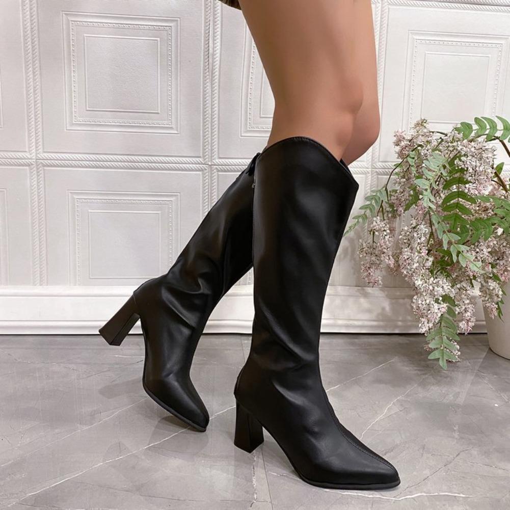 New Women Zipper Thick High Top Heels Simple Autumn Winter Sexy Elegant Knee for Adult Women Elegant Style