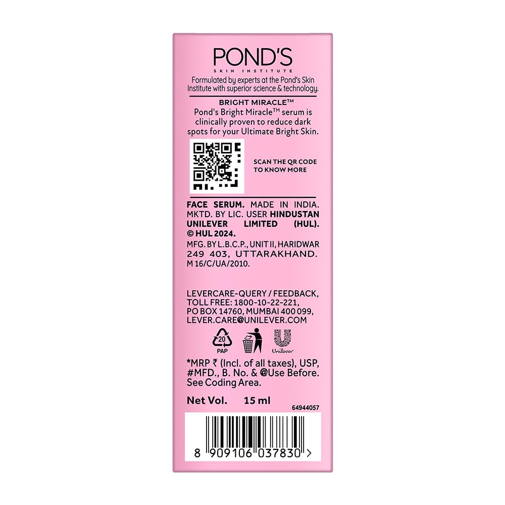Pond’s Bright Miracle Ultimate Brightening Serum with Niasorcinol, 30X Better Than Vit C, 15 Ml