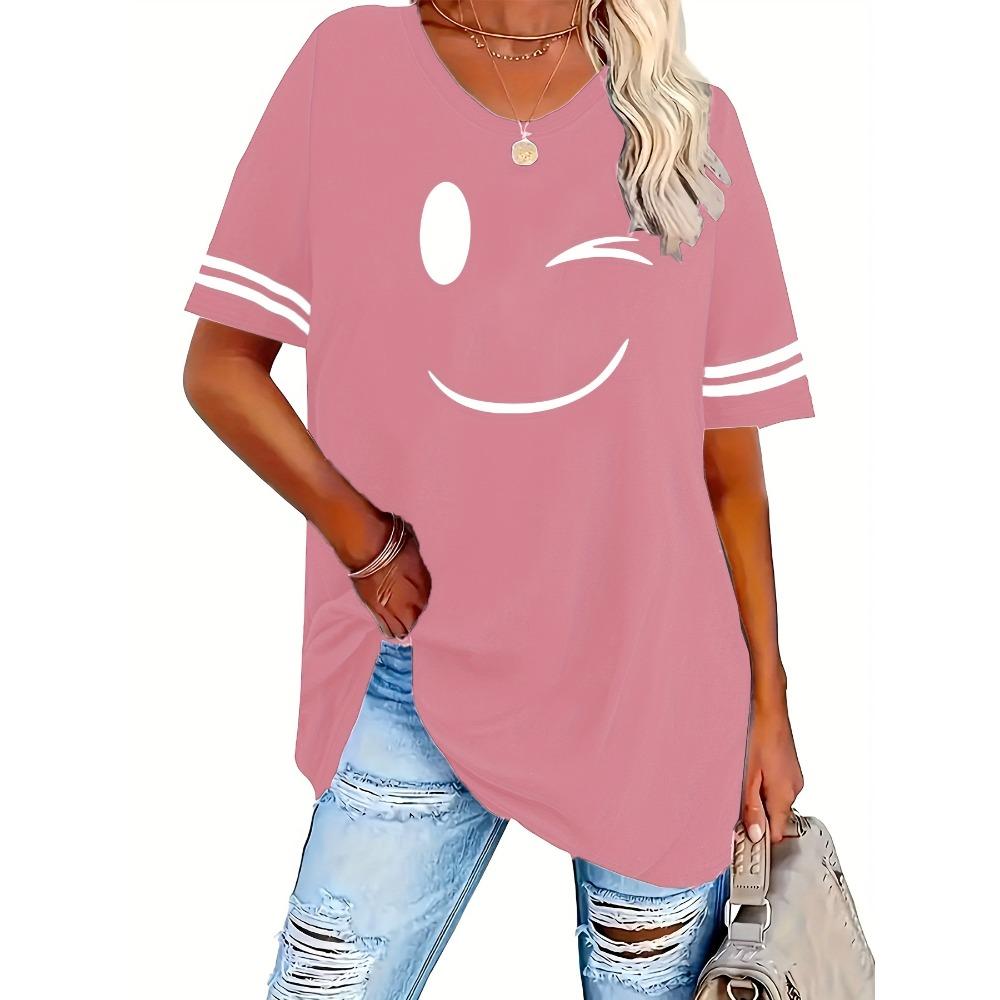 Women's Printed Round Neck Short Sleeved Striped T-shirt