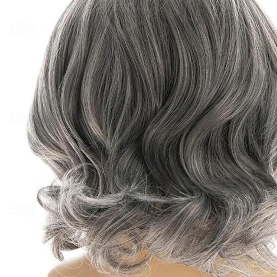 Short Curly Silver-gray Wig with Side Bangs Natural Looking Fluffy Halloween Costume Party Men Women Short