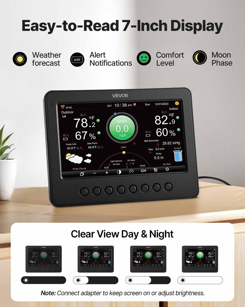 VEVOR 7-in-1 Wi-Fi Weather Station, 177.8 mm TFT Display, Wireless Solar Powered Outdoor Sensor, Rain Gauge, Indoor Outdoor for Weather Forecast