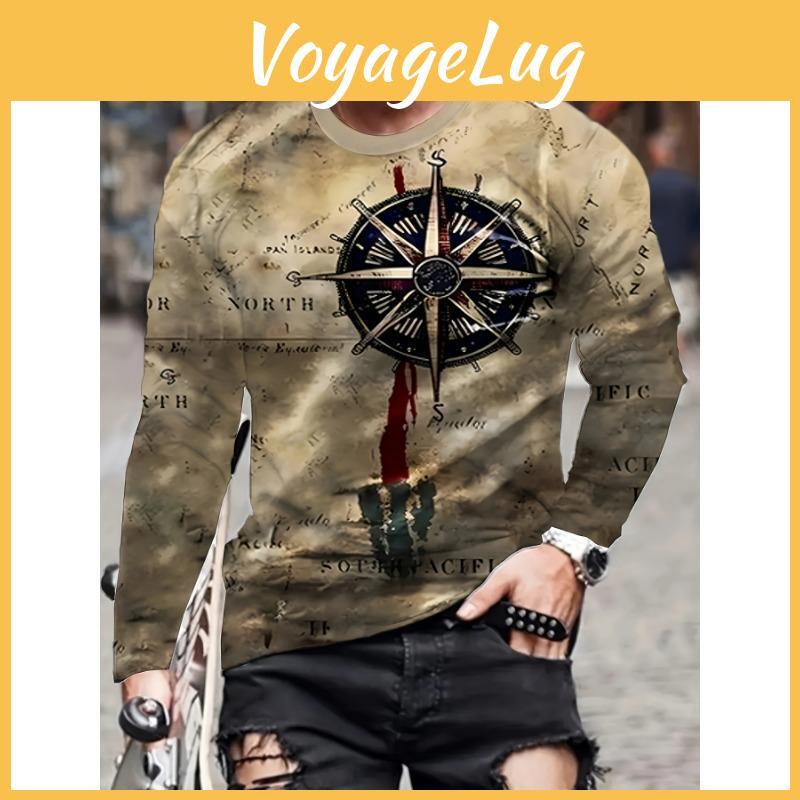 And Autumn Spring Mens Unique Compass 3d Pattern Printed Long Sleeve Shirt Casual Outdoor Unique Long Sleeve Round Neck Tshirt