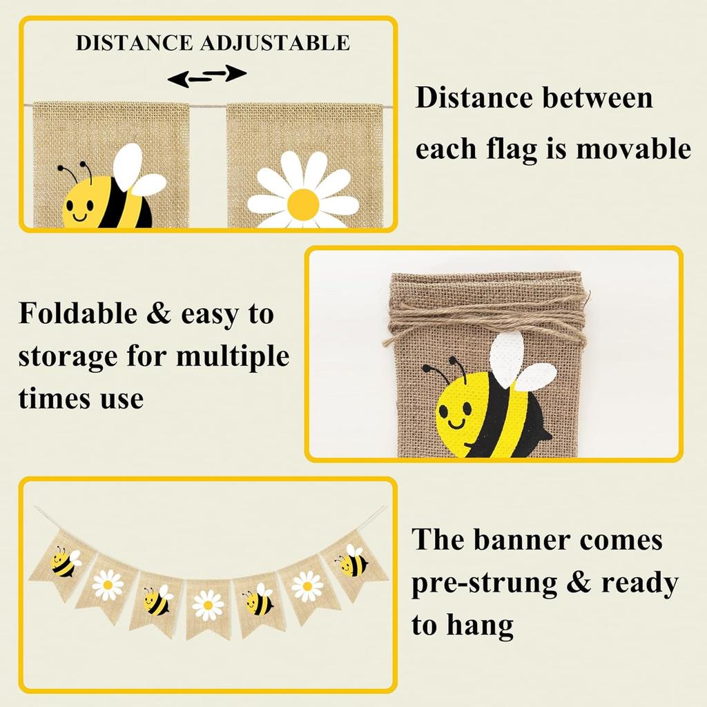 Bumble Bee Banner Burlap with Daisy Flower Bunting Happy Bee Day Decorations Garland Bumblebee Party Decorations for Baby Shower Birthday Supplies
