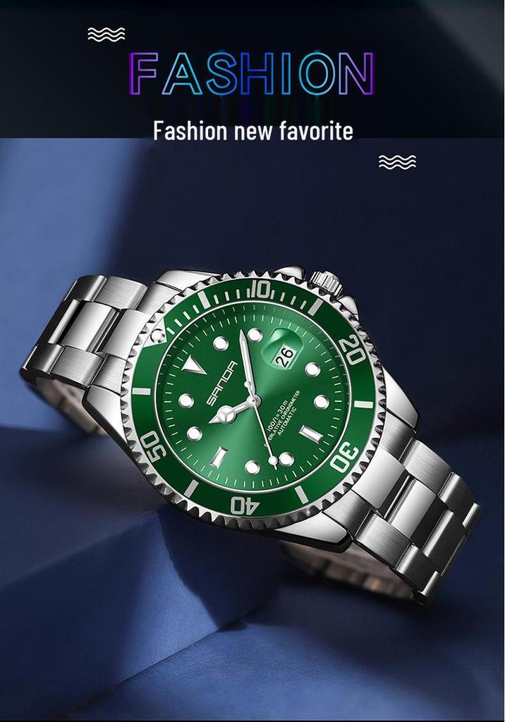 Sanda 7036 Men's Green Water Ghost Automatic Waterproof Steel Wristwatch