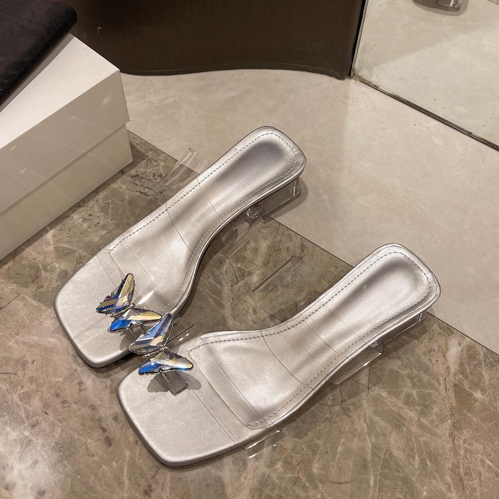 Fashion Square Toe Slippers Casual Shoes Transparent Heel Butterfly-Knot Slides Jelly Flip Flops Luxury Summer Block Glitter Crystal
