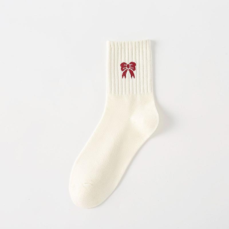 ALLTOOALL Chaussettes Mi-Mollet à Nœud pour Femmes Printemps Automne Rayées Rouges Coton Mode Féminine Décontracté Respirantes Chaussettes Nouvel An