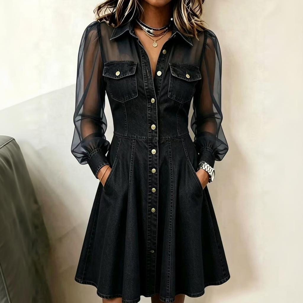 Women's Color Long Sleeve Button Front Paneled Dress with Lapel Collar