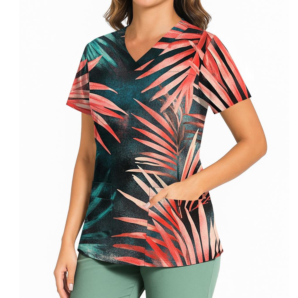 Women's Casual Printed V-Neck Pocket Side Slit Short Sleeved Top Short Sleeved Top