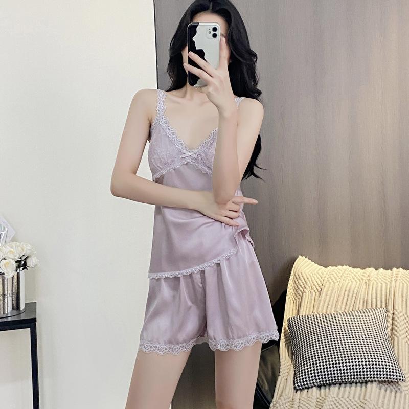 Summer thin women's sexy ice silk suspender shorts spring and autumn lace pajama set nightgown silk loungewear