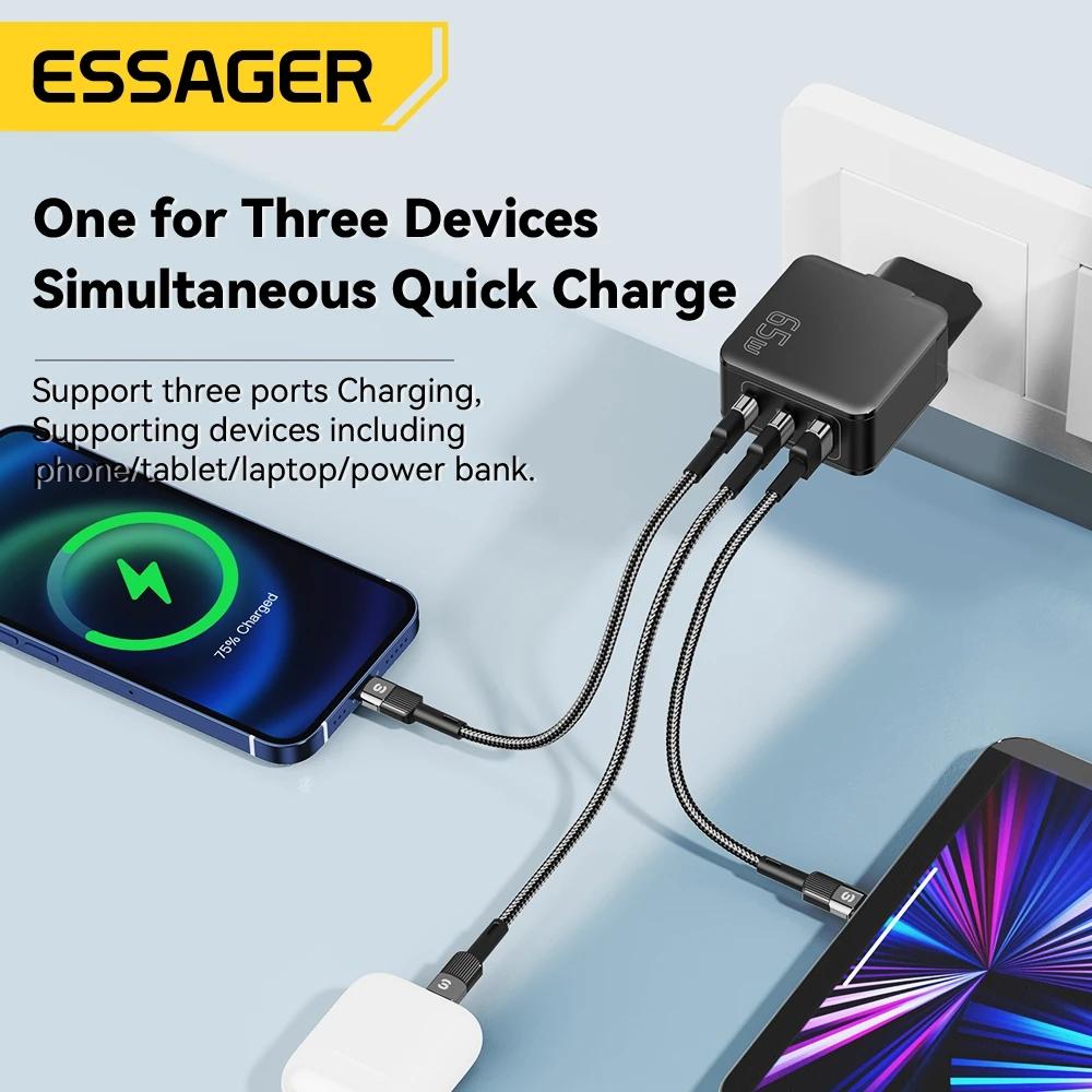 Essager PD65W GaN Charger 3 Ports Quick Charge 4.0 USB C Charger For iPhone 14 13 12 Pro Max For Xiaomi Samsung IPad Pro Charger