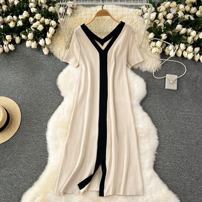 Summer Knit Niche Premium Feeling Colorblocking Splicing Short Sleeve Loose Straight Casual Long Dresses