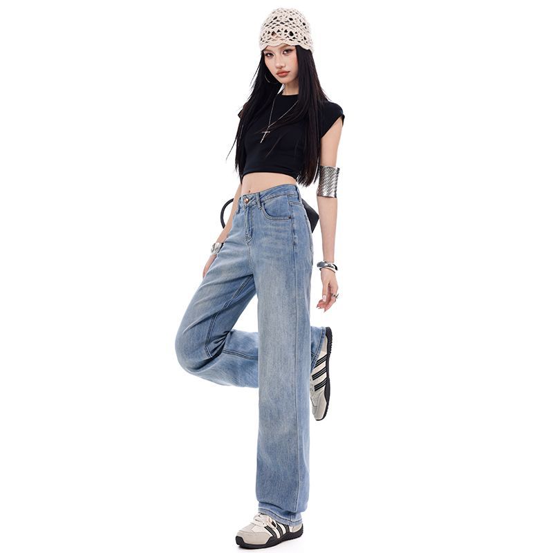 Spring Summer Vintage High Waist Relaxed Slim Straight Floor Wide Leg Denim Pants For Ladies Casual Pants Oversize Denim Trousers