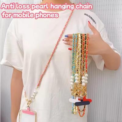 Telefoon Lanyard Dames Lang Leer Geweven Metalen Ketting met Parel Telefoonhoesje Universeel Telefoon Lanyard Diagonale Kruistas Decoratie