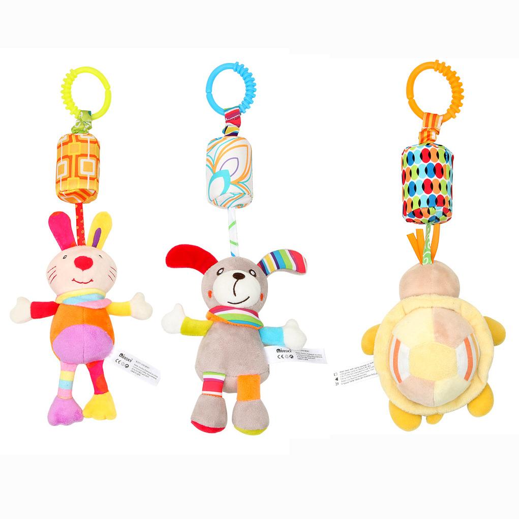 3 Pack Hanging Rattle Toys,Cartoon White Black Stuffed Stroller Plush Toys for Newborn 0-18 Month Baby Bed Crib Toys with Wind Chimes (Zebra,Deer&Cow)