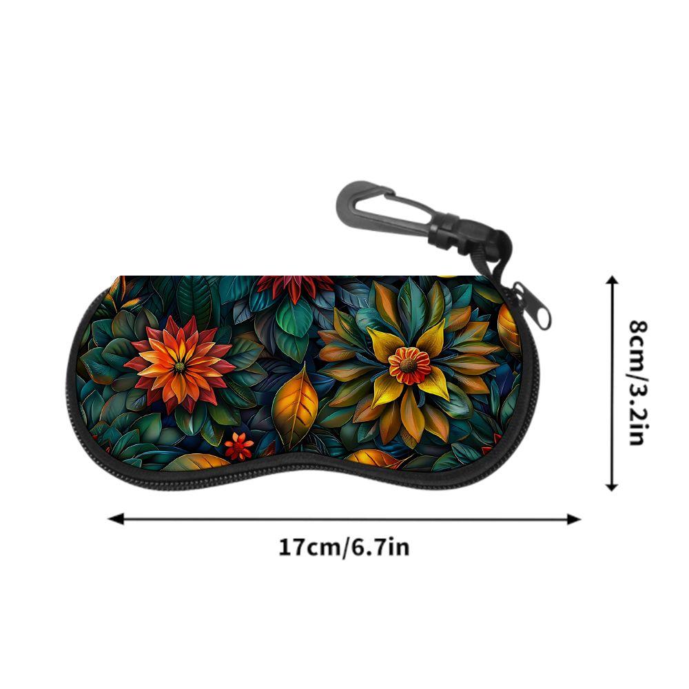2D-Floral Print Zipper Sunglasses Case, Protective Eyewear Organizer with Colorful Botanical Pattern, Stylish Portable Glasses Container for Travel Ac