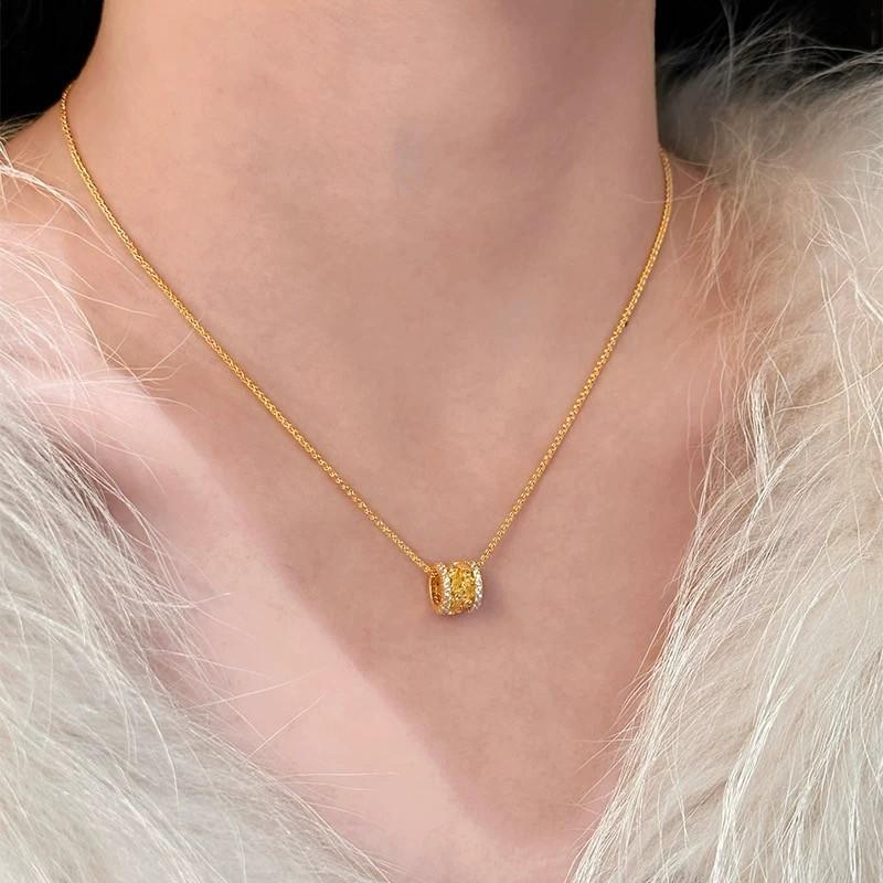 Brushed Wheat Ear Small Waist Gold Necklace Gold Hollow Design, Palace Style 18k Gold Inlaid with 7A High Carbon Diamond