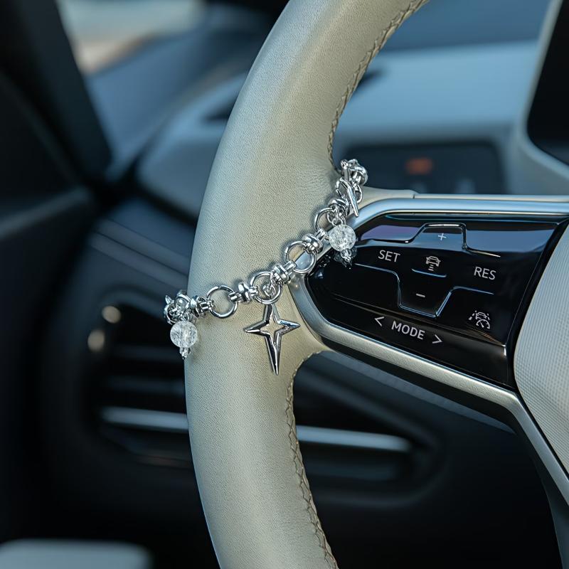 A Stylish Hollow Star Pendant With Geometric Splicing Designed Car Rearview Mirror And Steering Wheel Decoration Accessory