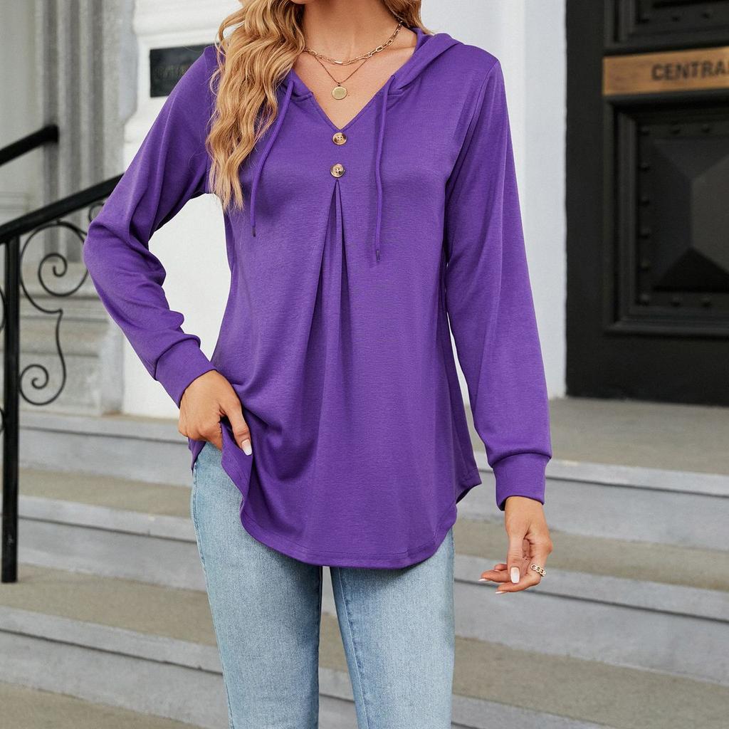 JKASHDK Damenmode, Sommer, Frühling, lässig, einfarbig, langärmelig, V-Ausschnitt, lockere Blusen und Hemden