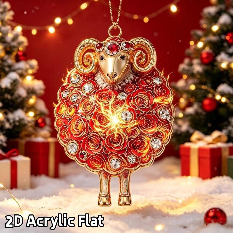 2D Flat Acrylic Red Gold Chinese Zodiac Goat Christmas Hanging Pendant Xmas Tree Ornament New Year Car Pendant