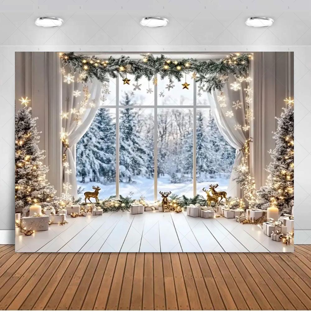 White Christmas Snow Scenery Background Xmas Tree Garland Gifts Photography Backdrop Family Xmas Party Decoration Photo Studio