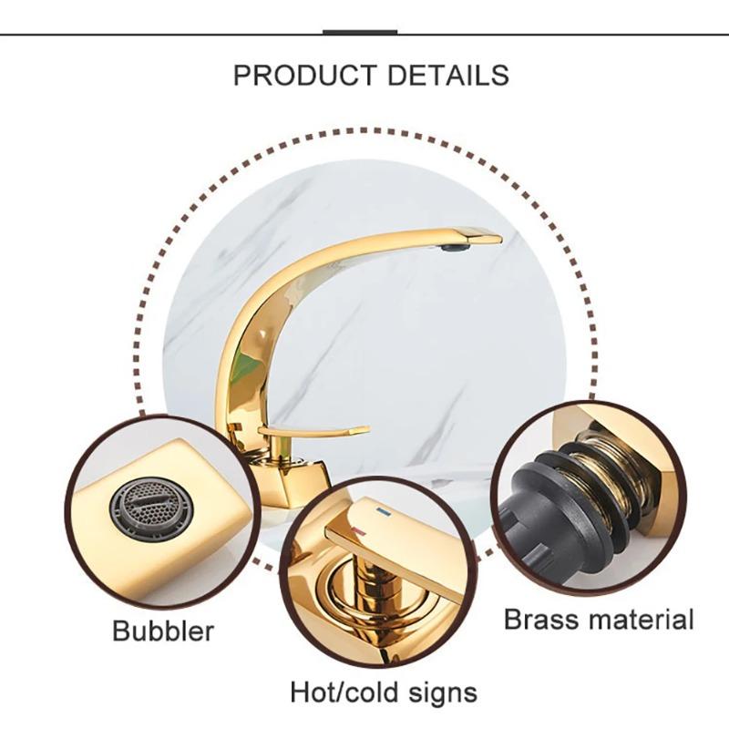 Golden Polished Bathroom Vanity Faucet Single Handle Hot and Cold Water Mixier Sink Faucet Deck Mount Crane