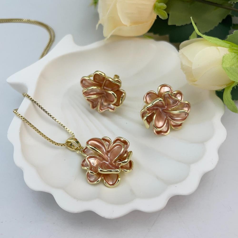 Full Gold 3D Flower Jewelry Set Women Necklace Earring Luxury Accessory KY25180