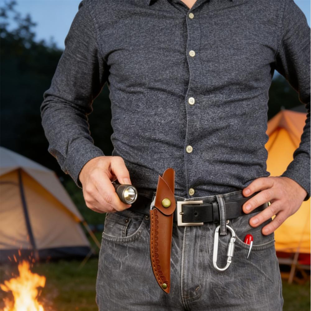 Scheide für Messer mit fester Klinge, geprägtes Rindsleder, Lederscheide, Campingmesser-Etui, Jagdholster mit Gürtelschnalle