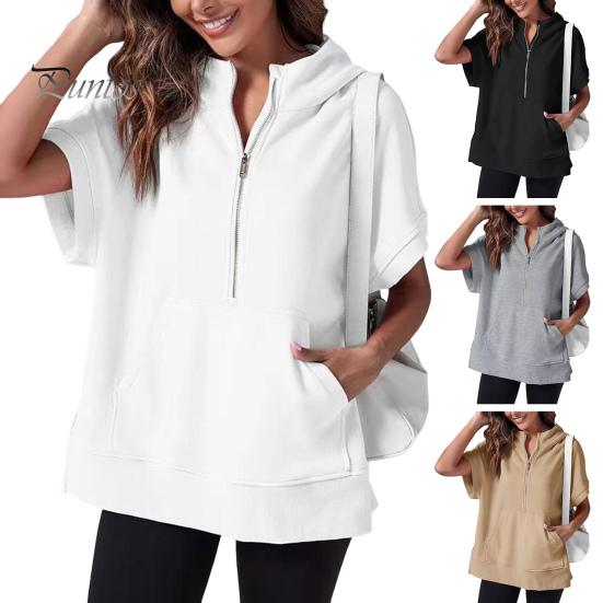 Summer Women Hoodie Half Zipper Short Sleeves Solid Color Pullover Loose with Pocket Casual Daily Wear School Sport Pullover Top Female Clothes