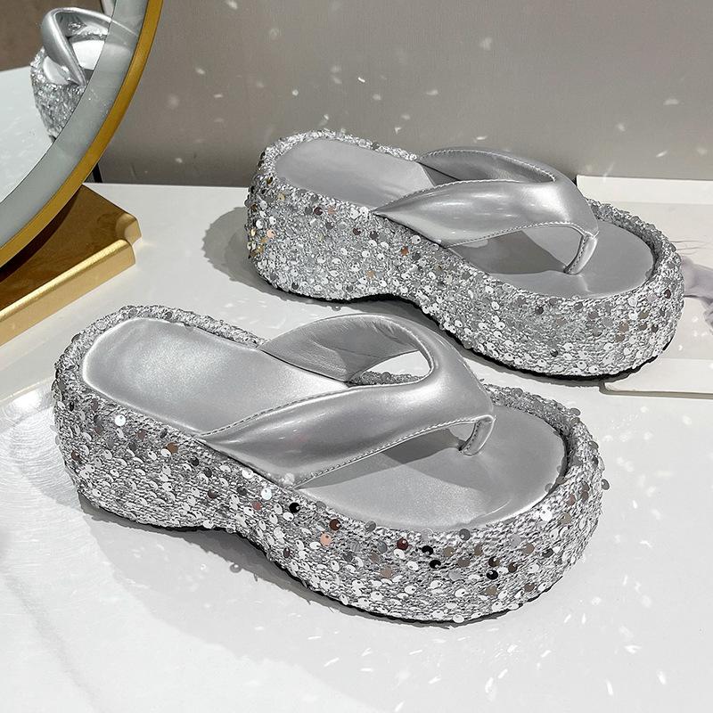 Muffin Slippers Wedge Heel Thick-soled Cool Slippers Small Height-increasing Shoes Thick Heel Hate Sky High Sequined Women's Summer Cool Slippers