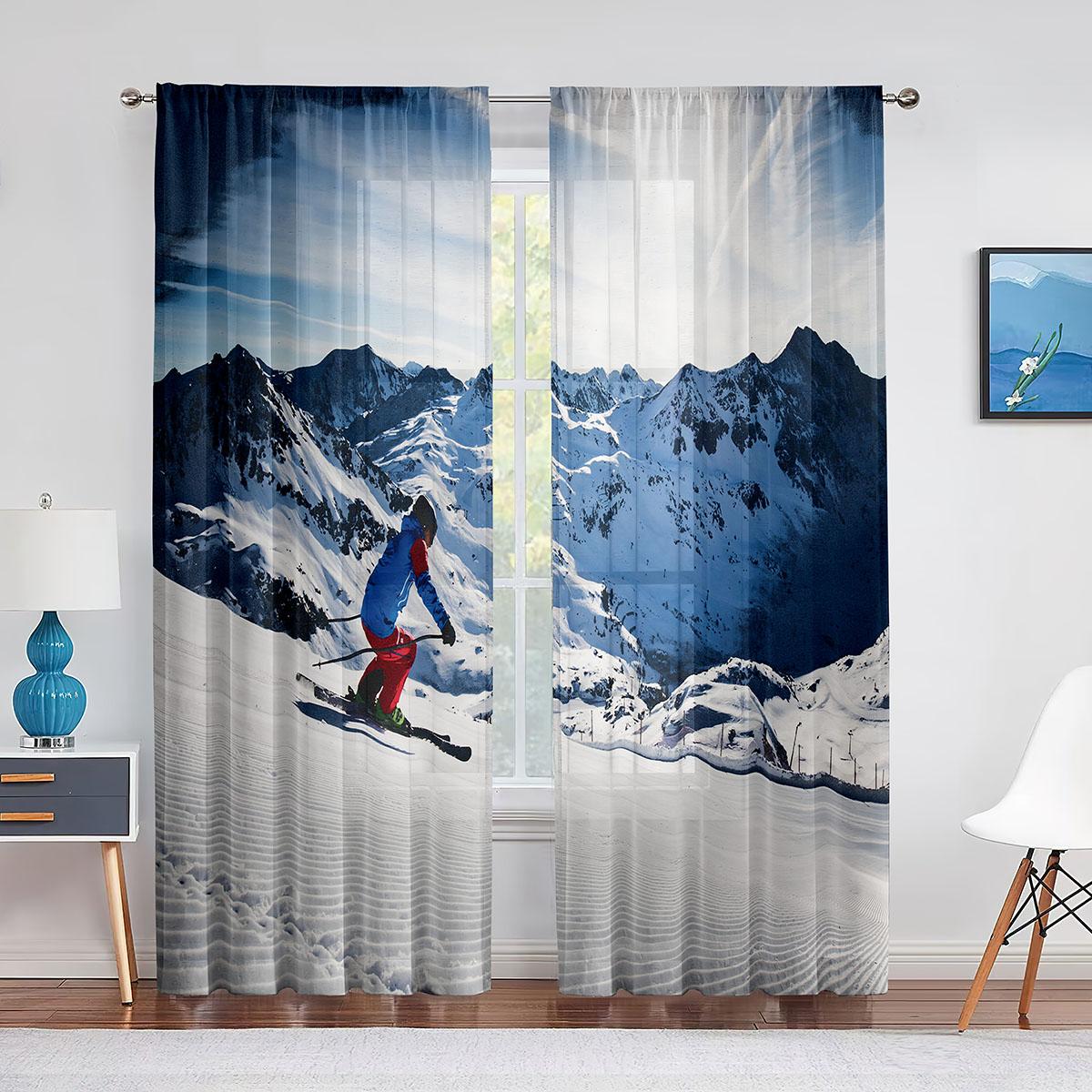 

Лыжник, катание на лыжах в высоких горах, экстремальные зимние виды спорта, шифоновые прозрачные шторы для гостиной, спальни, оконная вуаль, тюлевая занавеска 1 PCS W100XH250cm&Grommet Top