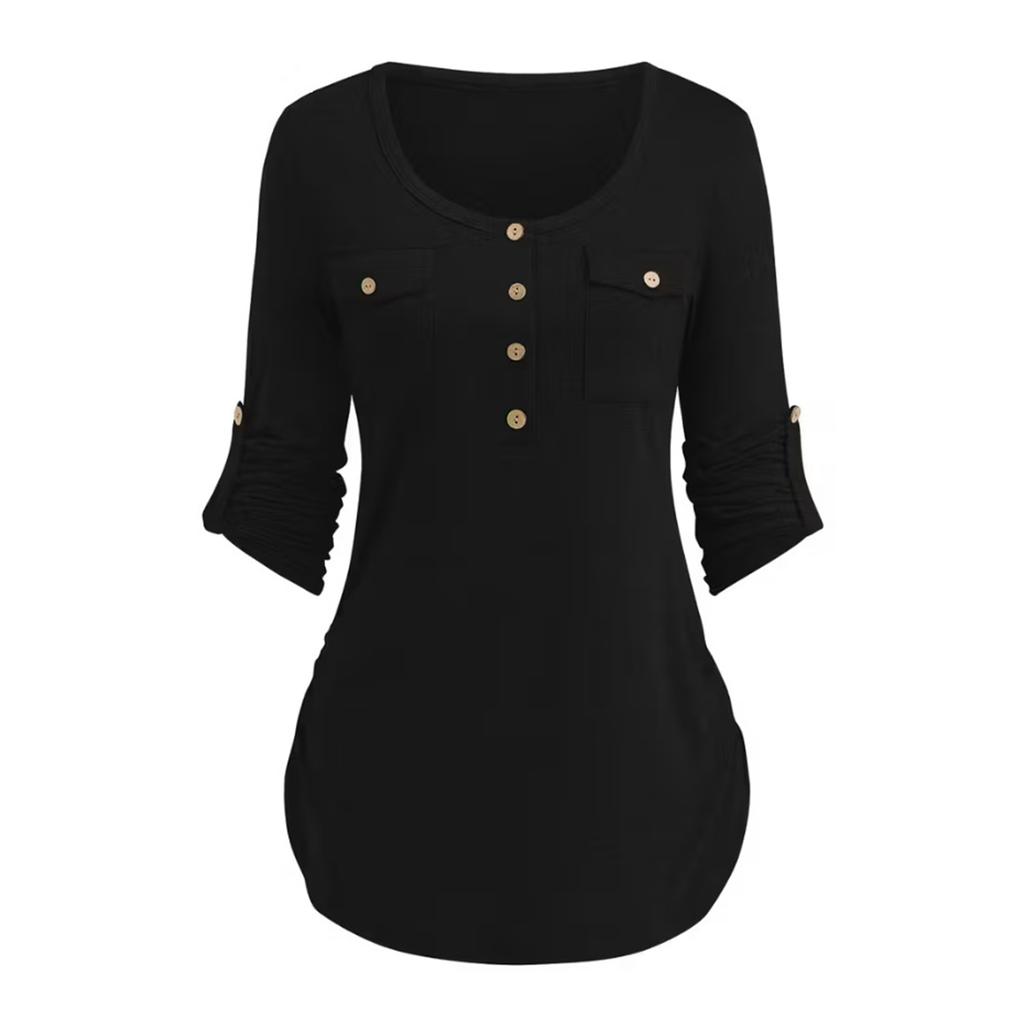Women's Casual Solid-color Round-neck Long-sleeved Button Pullover
