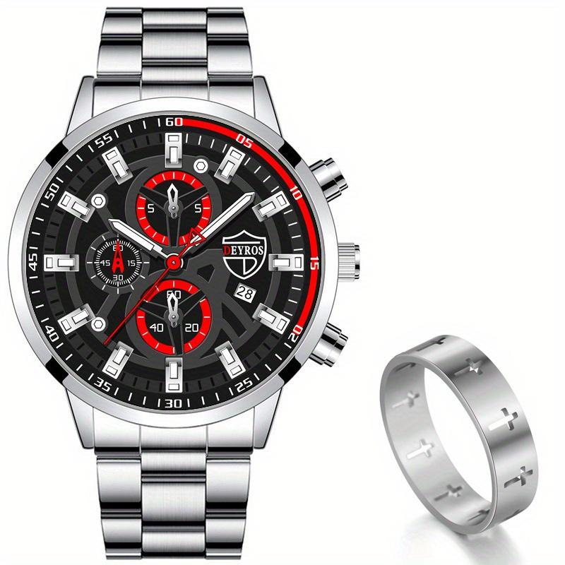 

Набор из 2 предметов, деловые мужские наручные часы с круглым циферблатом, сплав, ремешок для часов, кварцевые наручные часы для мужчин, кольцо, подарок для мужчин