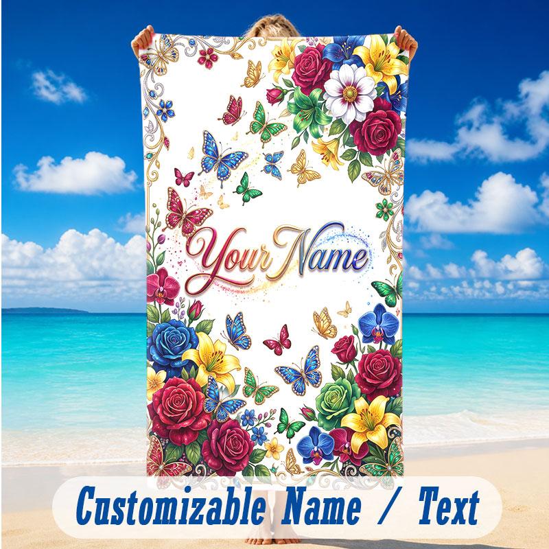 Butterfly Theme Beach Towel Personalized Custom Name & Text Soft Quick Dry Beach Towel for Swimming Travel