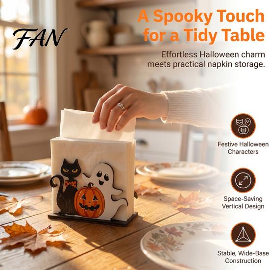 Festive Desktop Storage Ornament Halloween Ghost Wooden Napkin Holder, Cute Paper Towel Decorative Cartoon Tray Stand, Freestanding Tissue Dispenser