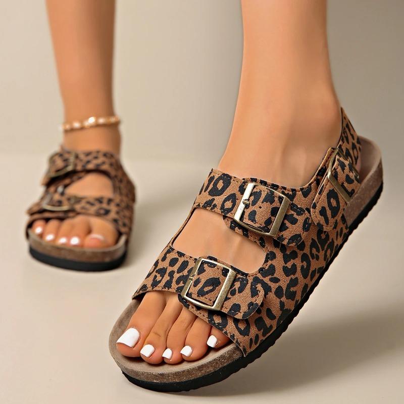 Ladies Shoes Summer Brand Open Toe Women's Slippers Fashion Leopard Print Casual Summer Belt Buckle Plus Size Rome Flat Slippers