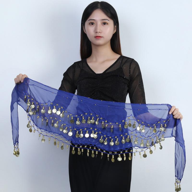Available: Belly Dance Hip Scarf with 72/83/98/128 Coin Waist Chain - Gold, Three-Layer Design, Indian Style Waist Scarf.
