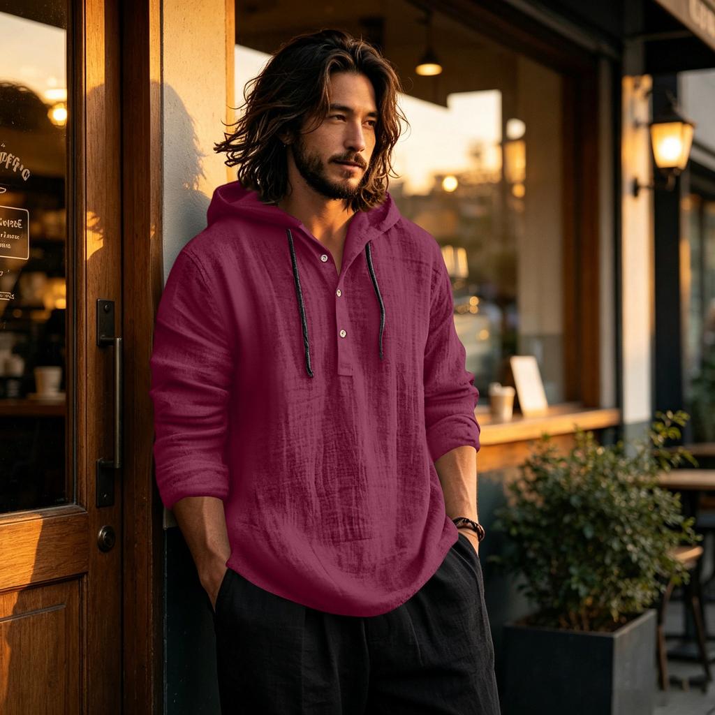Men's Linen Cotton Hoodie Long Sleeve Casual Pullover