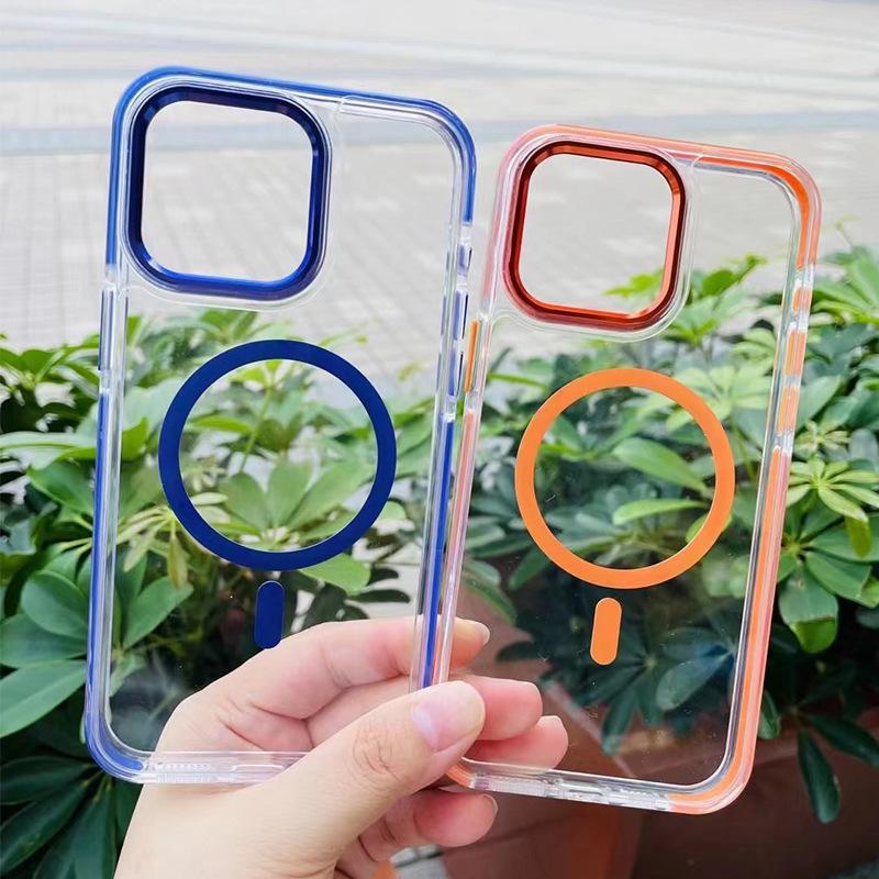 Applicable To IPhone15 Two-color Transparent Magnetic Case Apple 14MAX Two-in-one Full-pack Large Hole Anti-fall Protection Case