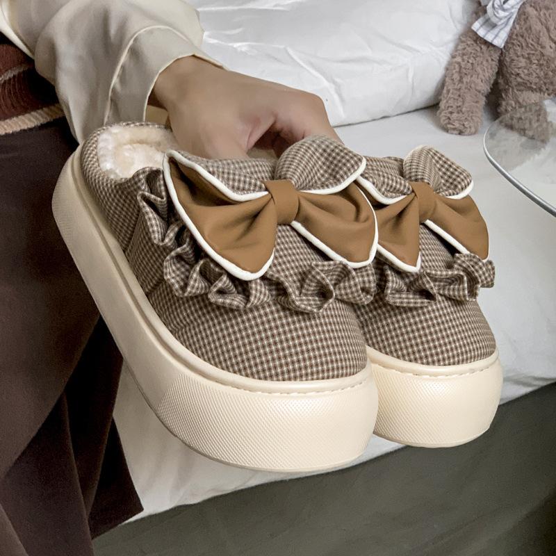 Winter New Bow Cotton Slippers Fashionable Plaid Velvet Warm Thick-soled Heightening Shoes Non-slip Cotton Shoes