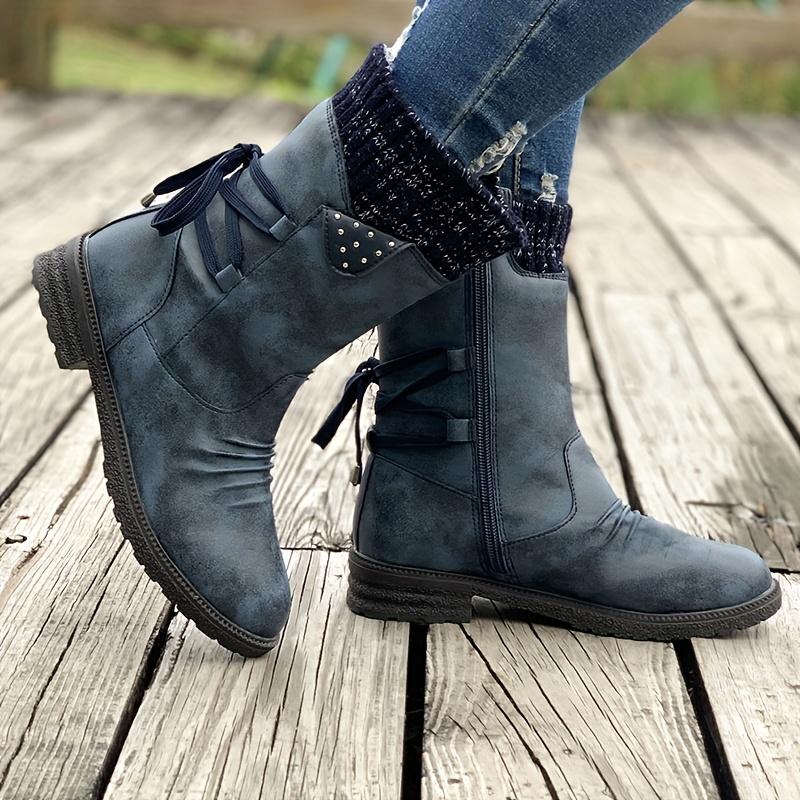 Vintage Classic Elegant 's Mid-Calf Boots. Elastic Collar Design, Lace-Up Adjustable for Plus Size S. Multiple Colors Available