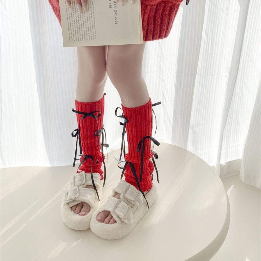 Japanese Christmas Knee Socks Y2k Bow Knitted Leg Socks Sweet New Year Red Socks  For Girl