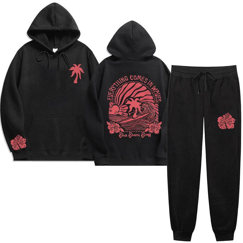 Chasing Sunsets Threaded Peripheral Printing Men's and Women's Sweatshirts Sweatpants Set Hoodie Straight Pants Set