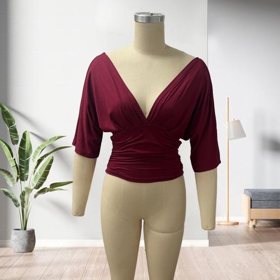 Women Tops Puff Sleeves V Neck Slim Fit Pleated Waist Pullover Tops Pure Color Summer Short Tops Daily Wear