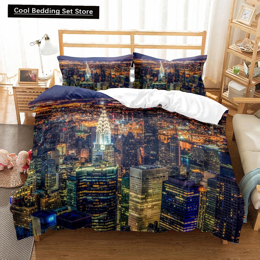 Comforter Cityscapes King Queen Tall Buildings Landscape Bedding Set Busy Traffic View Polyester Comforter