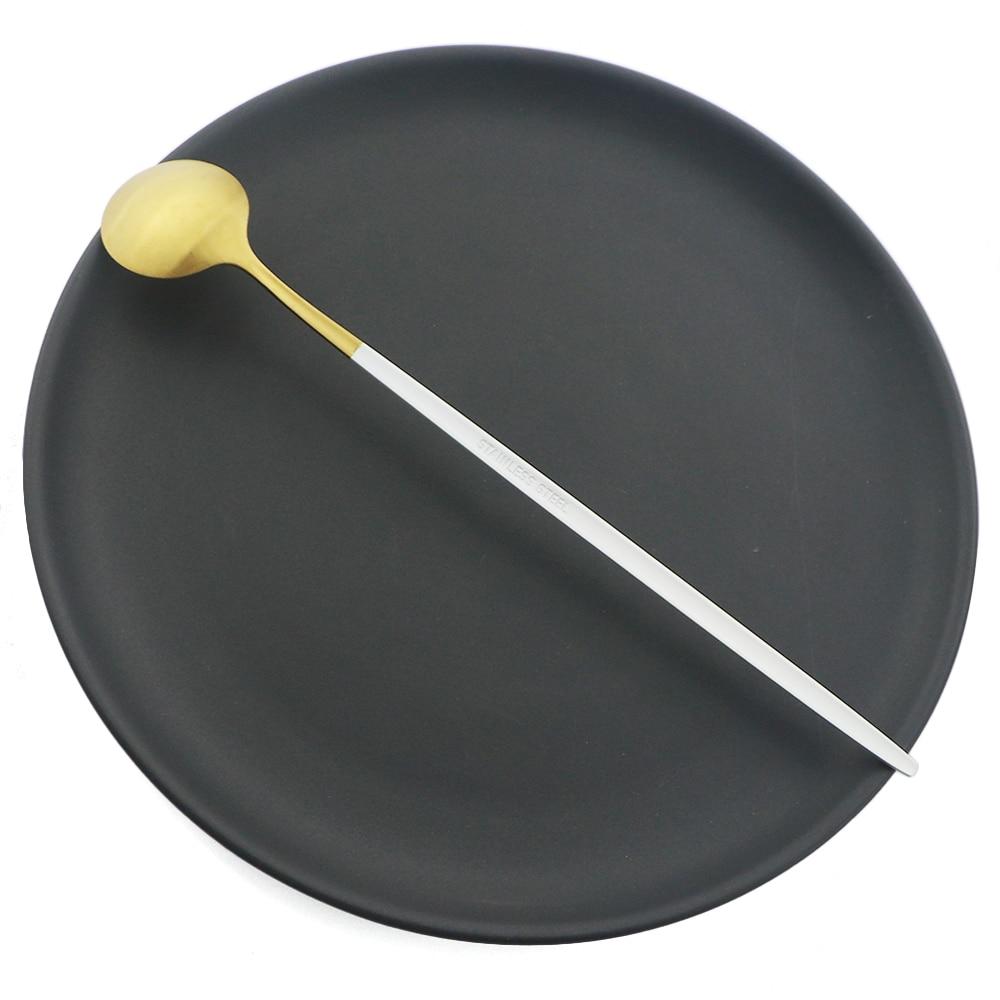 Juego de cucharas con mango largo dorado de 6 uds., juego de cubiertos de acero inoxidable mate, bebida agitadora pulida, helado, postre, cuchara para té, vajilla