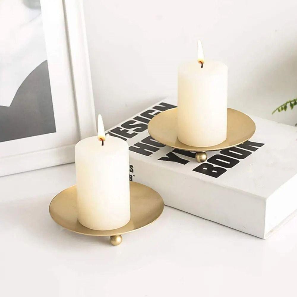 Round Iron Candle Holder Golden Festival Candlestick Holder Creative Pillar Metal Plate  Banquet