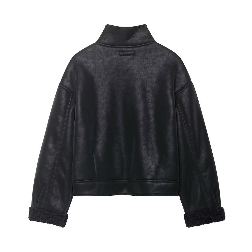 European-American Style Black Suede Leather Jacket for Women, Short Winter New Shearling Jacket