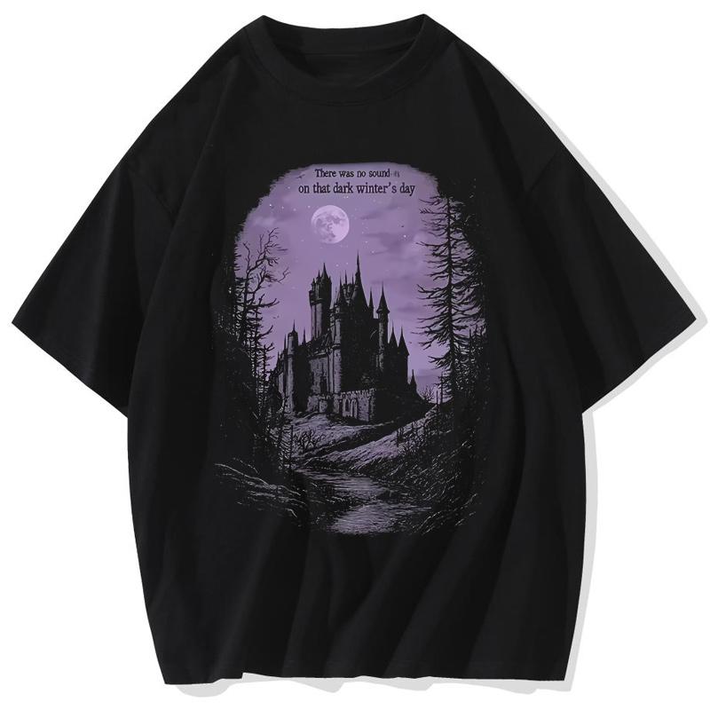 

YK Hip Hop Washed Black TShirt Streetwear Vintage Purple Graphic Horror Castle T Shirt Cotton Tshirt Men Tops Tees Unisex S
