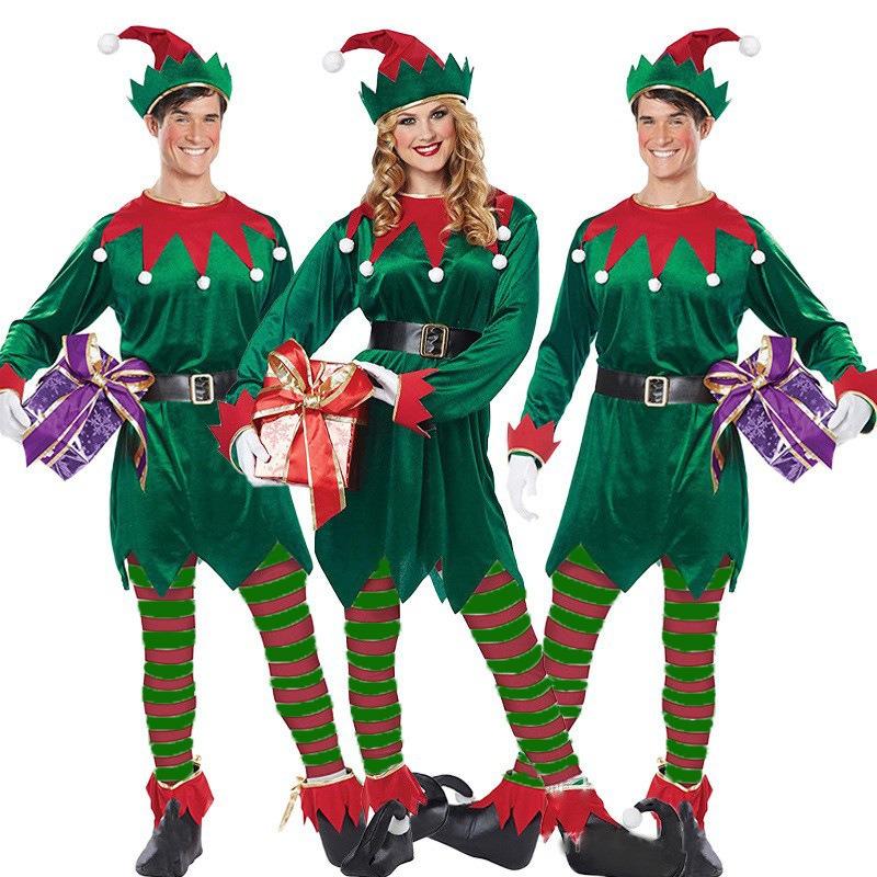 Halloween Adult Male and Female Couples Christmas Elf Cute Green Elf Stage Performance Costume