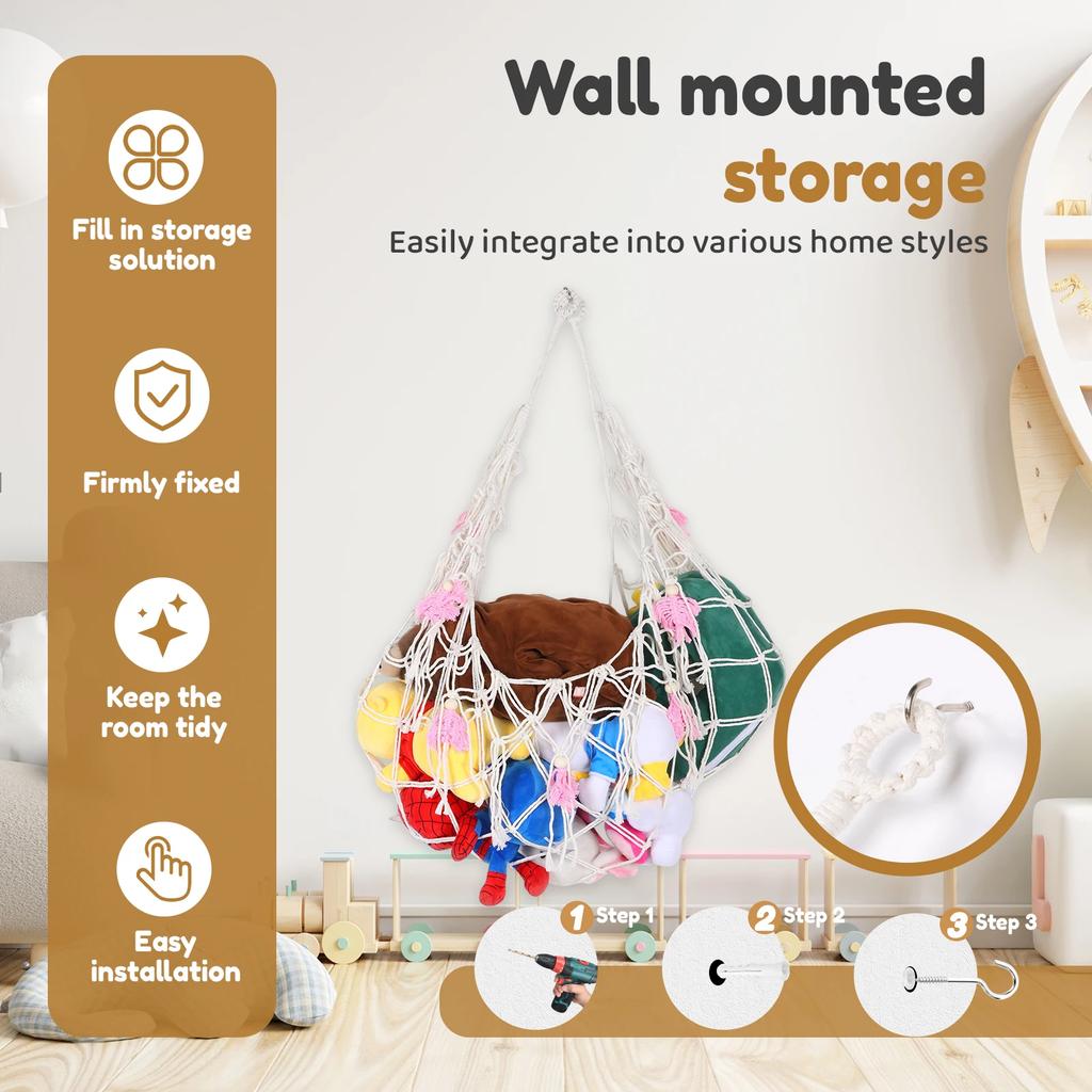 Stuffed Animal Hammock Net Cotton Rope Hanging Plush Toy Storage Net with Tassel Room Decorative Toy Organizer Kids Stuffed Mesh